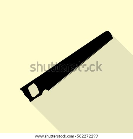 Saw simple sign. Black icon with flat style shadow path on cream background.