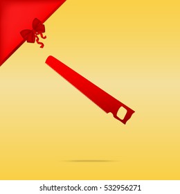 Saw simple sign. Cristmas design red icon on gold background.