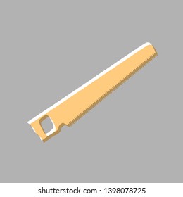 Saw simple sign. Emboss effect with light orange icon on gray background.