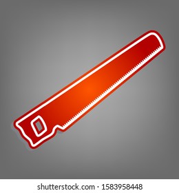 Saw simple sign. Flat red icon with linear white icon with gray shadow at grayish background. Illustration.
