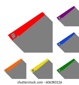 Saw simple sign. Set of red, orange, yellow, green, blue and violet icons at white background with flat shadow.