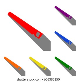 Saw simple sign. Set of red, orange, yellow, green, blue and violet icons at white background with flat shadow.