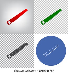 Saw simple sign. Vector. 4 styles. Red gradient in radial lighted background, green flat and gray scribble icons on transparent and linear one in blue circle.
