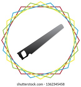 Saw simple sign. Vector. Black icon with patch of light inside colorful hexagonal frames at white background.