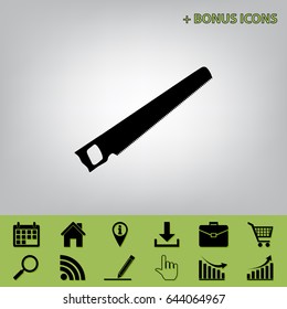 Saw simple sign. Vector. Black icon at gray background with bonus icons at celery ones
