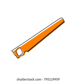 Saw simple sign. Vector. Black line icon with shifted flat orange filled icon on white background. Isolated.