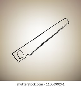 Saw simple sign. Vector. Brush drawed black icon at light brown background.