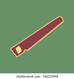 Saw simple sign. Vector. Cordovan icon and mellow apricot halo with light khaki filled space at russian green background.