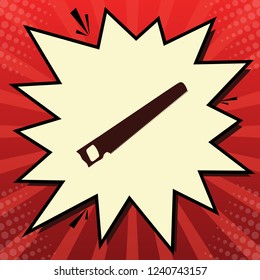 Saw simple sign. Vector. Dark red icon in lemon chiffon shutter bubble at red popart background with rays.