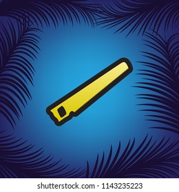 Saw simple sign. Vector. Golden icon with black contour at blue background with branches of palm trees.