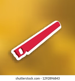 Saw simple sign. Vector. Magenta icon with darker shadow, white sticker and black popart shadow on golden background.