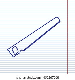 Saw simple sign. Vector. Navy line icon on notebook paper as background with red line for field.
