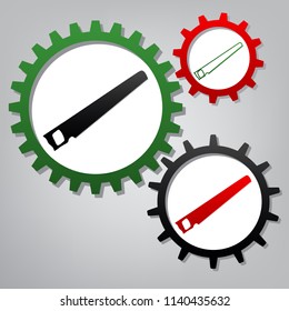 Saw simple sign. Vector. Three connected gears with icons at grayish background.
