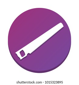 Saw simple sign. Vector. White icon with flat shadow on purpureus circle at white background. Isolated.