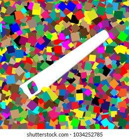 Saw simple sign. Vector. White icon on colorful background with seamless pattern from squares.