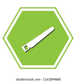 Saw simple sign. Vector. White icon with black shadow at yellow green honeycomb on white background.