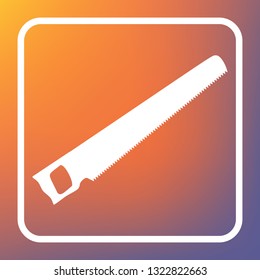 Saw simple sign. Vector. White icon on transparent button at orange-violet gradient background.