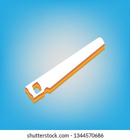 Saw simple sign. Vector. White icon with 3d warm-colored gradient body at sky blue background.