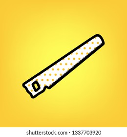 Saw simple sign. Vector. Yellow polka dot white icon with black contour at warm yellow background.