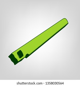 Saw simple sign. Vector. Yellow green solid icon with dark green external body at light colored background.