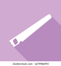 Saw simple sign. White Icon with long shadow at purple background. Illustration.