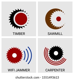 Saw theme vector logo set labels badges and design elements. This logos for, timber, sawmill, carpenter, woodcutter, wood industry and security and wifi technology.