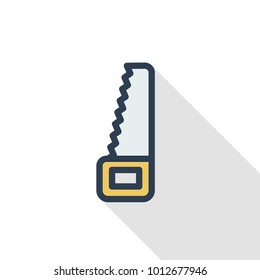 saw thin line flat color icon. Linear vector illustration. Pictogram isolated on white background. Colorful long shadow design.