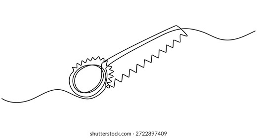 Sägewerkzeug. Eine durchgehende Säge. Linienart, Umriss, einzeilige Silhouette. Handgezeichnete Vektorgrafik.