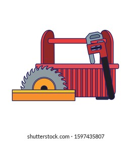 saw with tools box and piper wrench over white background, colorful design, vector illustration
