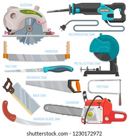 Saw vector sawing equipment hand-saw hacksaw chainsaw and pullsaw sawdust carpentry metal tool with sharp blade for construction illustration set isolated on white background