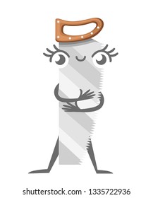 Saw with wooden handle, mascot. Cartoon character design. Crosscut hand saw with long steel blade. Tool for cutting wood. Flat vector illustration isolated on white background.