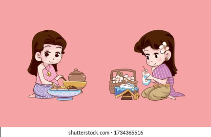 Sawasdee Thai cartoon cute series boy and girl character design Conceptual on white background for Thai traditional costume Ayutthaya period Beautiful Thai culture and Festival of Asians 