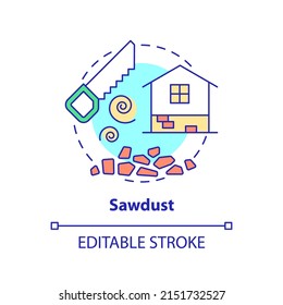 Sawdust concept icon. Alternative building material abstract idea thin line illustration. Eco-friendly solution for waste. Isolated outline drawing. Editable stroke. Arial, Myriad Pro-Bold fonts used