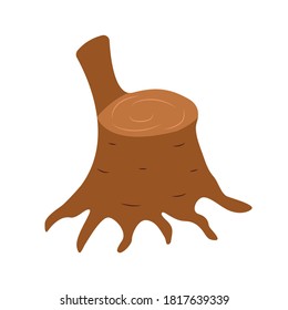 Tapón aserrado con raíces traseras y ramificadas. Concepto de ecología. Respeto por la naturaleza. Ilustración vectorial colorida sobre un fondo blanco. Estilo de la caricatura