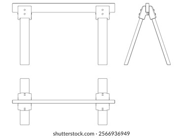 Sawhorse Line Art Vector Illustration on White Background. Detailed Design for Woodworking, Construction, and Workshop Applications