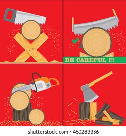 Sawing and chopping wood. Carpentry tools in action. Vector illustration