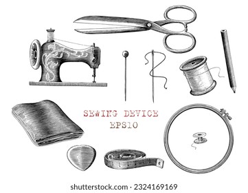 Sawing devices collection hand draw vintage engraving style black and white clip art