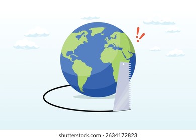 Sawing globe to fall from the floor metaphor of danger and threats, world economic crisis from war and geopolitical problem or threats, climate change or global warming destroying world concept