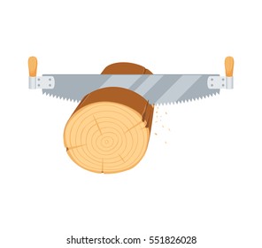 Sawing logs two handed saw. Repair tool. Woodcutter, lumberjack, builder or carpenter instruments. Woodworking process vector illustration. Handmade work isolated on white.