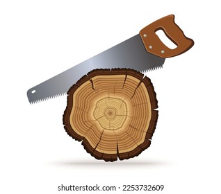 Sawing the trunk of a tree. Wooden Log and Hand Saw. Carpentry work. Wood cut, cross section of tree or stump. Vector illustration isolated on white