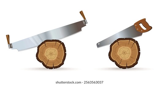 Sawing wood icon set. Sawing wood with a one-handed saw and a large two-handed saw, set of icons isolated on white background. Vector illustration