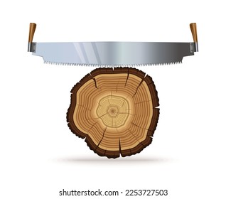 Sawing wood of a large two-handed saw. Wooden log and hand saw. Carpentry work. Wood cut, cross section of tree or stump. Vector illustration isolated on white