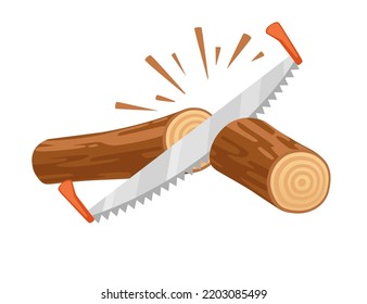 Sawing wooden log with dual handsaw vector illustration isolated on white background