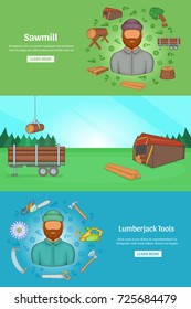 Sawmil and timber banner set template. Cartoon illustration of sawmil and timber banner vector set template for any web design