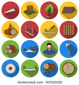 Sawmil and timber set icons in flat style. Big collection of sawmill and timber vector symbol stock illustration