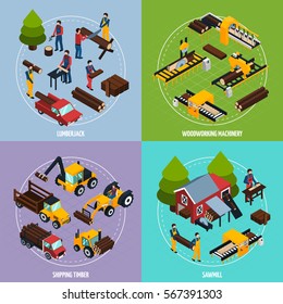 Sawmill 2x2 design concept set of  working lumberjacks timber shipping and woodworking machinery square compositions isometric vector illustration  