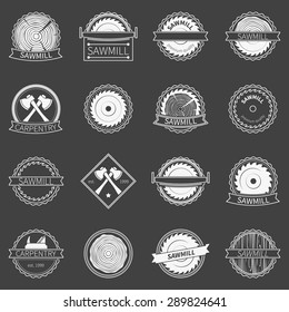 Sawmill badges or emblems - vector collection of white carpentry or saw logo on dark background
