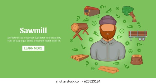 Sawmill banner horizontal concept. Cartoon illustration of sawmill banner horizontal vector for web