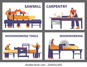 Sawmill and carpentry wood works advertising banners or flyers set flat vector illustration. Sawmill factory and woodcutting services banners for print and web.
