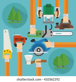 Sawmill concept design flat set.Vector illustration